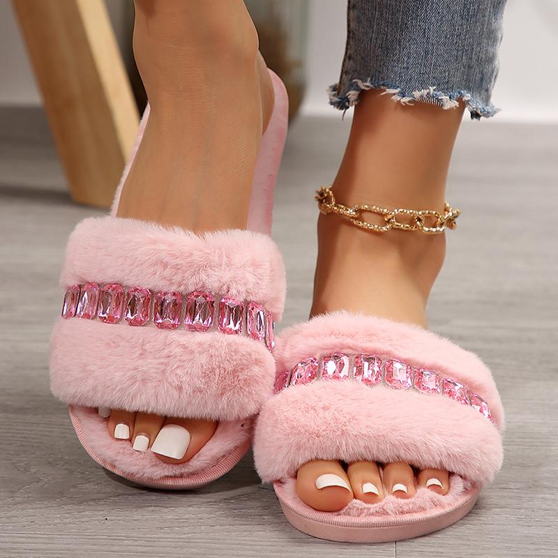 Fashion Fashion Rhinestone Fluffy House Slippers for Women 2025 Winter Warm Faux Fur Flat Slides Woman Open Toe One Strap Plush Slippers