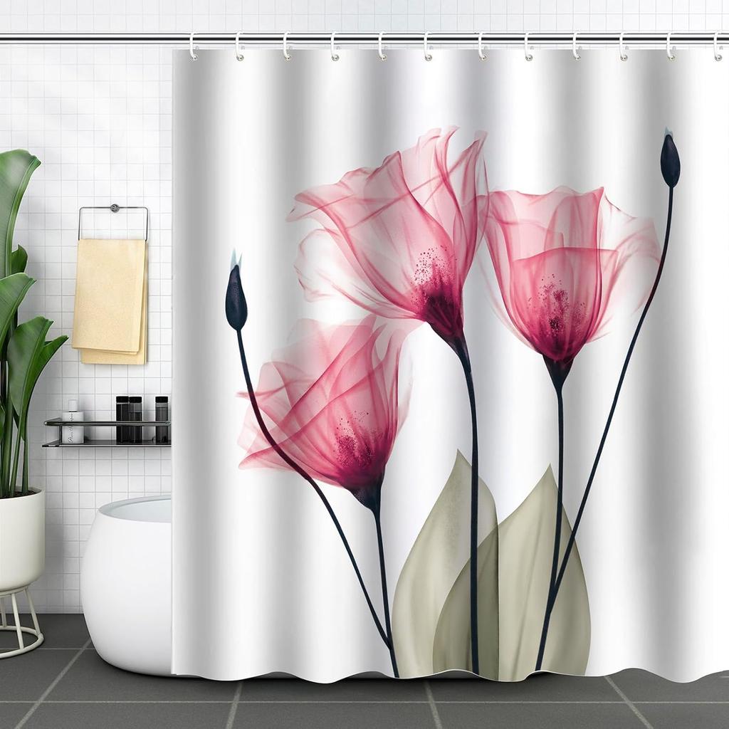 Grey Floral Shower Curtain Watercolor Tulip Flower Shower Curtains For Bathroom Waterproof Polyester Fabric Bathroom Curtain