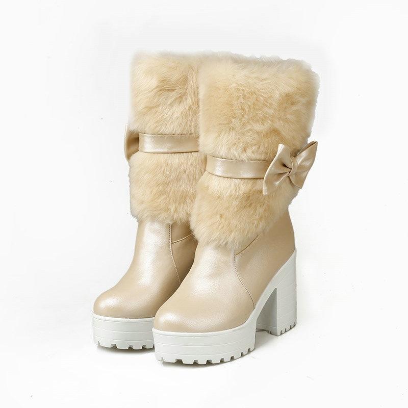 Snow Boots Women'S Sweet Medium Tube Bow Thick Heel Women'S Boots High Heel Hairy Lolita Student Lolita Short Boots