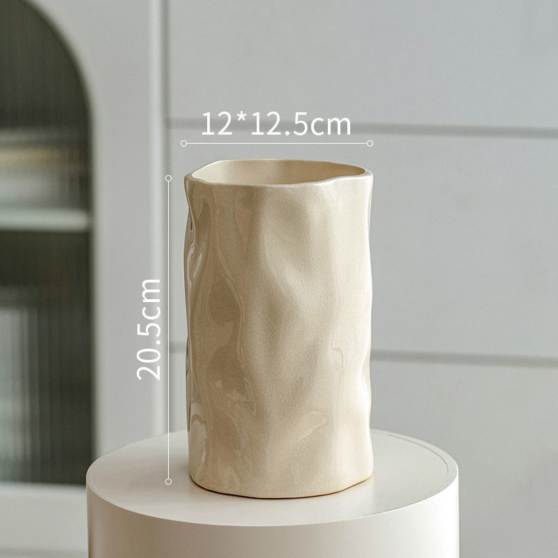 Cream Wind Ceramic Vase Ornaments Living Room Flower Arrangement Dried Flowers Large Diameter Luxury High Sense Irregular Vase