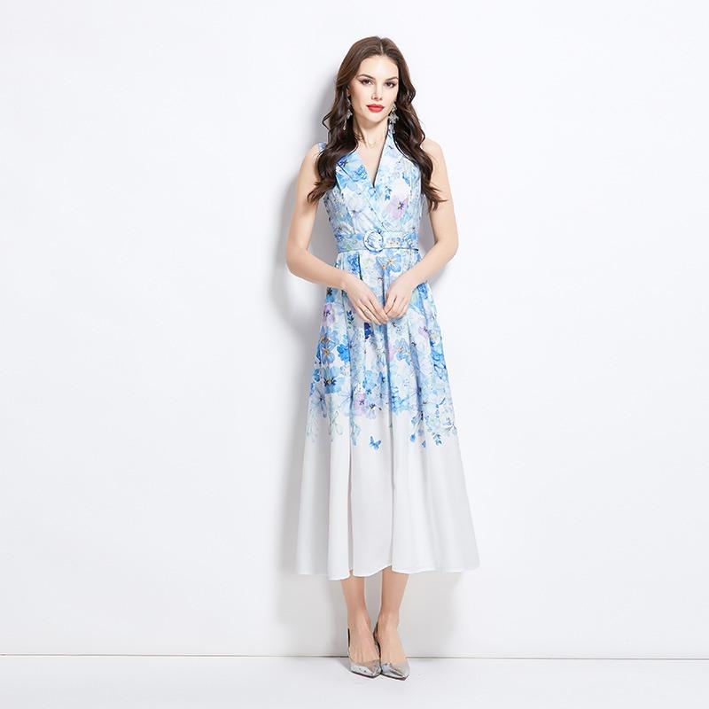 Summer Women Vintage Print Designer Runway Dress Sleeveless Blazer Collar Seaside Beach Long Maxi Tank Dresses