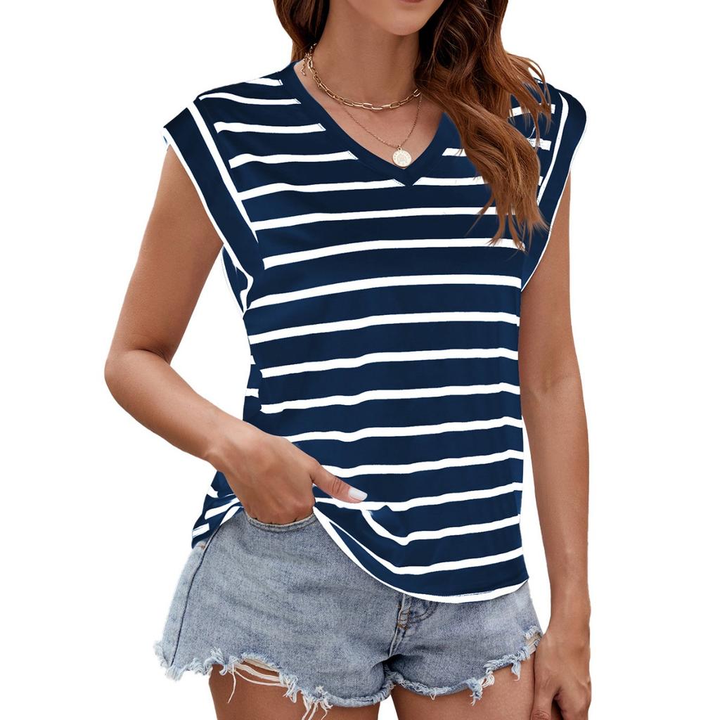Summer V-neck Striped Loose Short Sleeve T-shirt Top for Women, European American Cross-border Women's Clothing In Stock