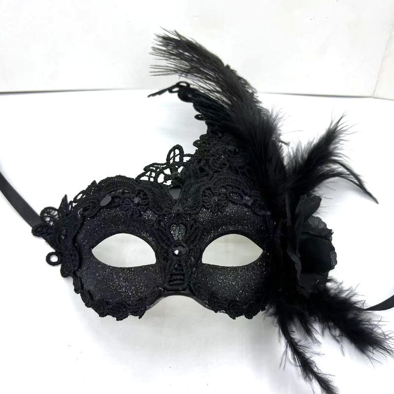 Maschera veneziana ad angolo in pizzo dipinto con diamanti, fiore laterale, piuma, ballo di Halloween, benda per travestimento