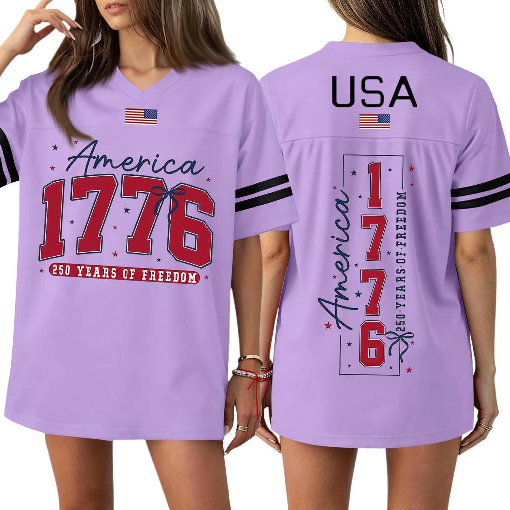 Women's Casual Fashion V-Neck Sports Independence Day Print Short Sleeve Sports T-Shirt Top