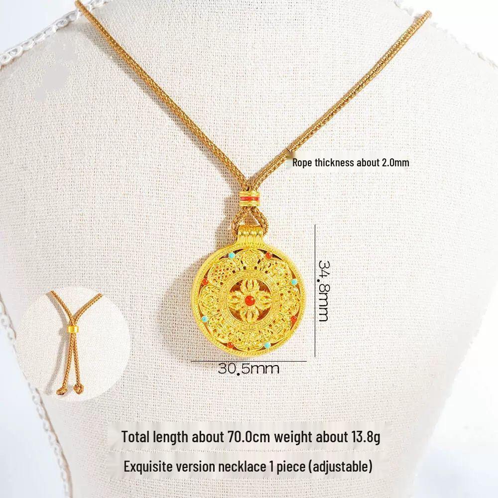 Gold-Plated Enamel Vajra Treasures Compass Amulet Necklace - Women's Good Luck Accessory