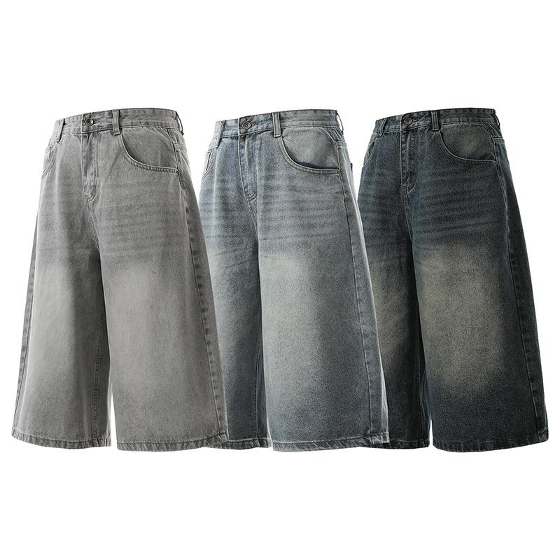 Men's Vintage Washed Cropped Jeans  Loose Wide Leg Casual Denim Pants Unisex