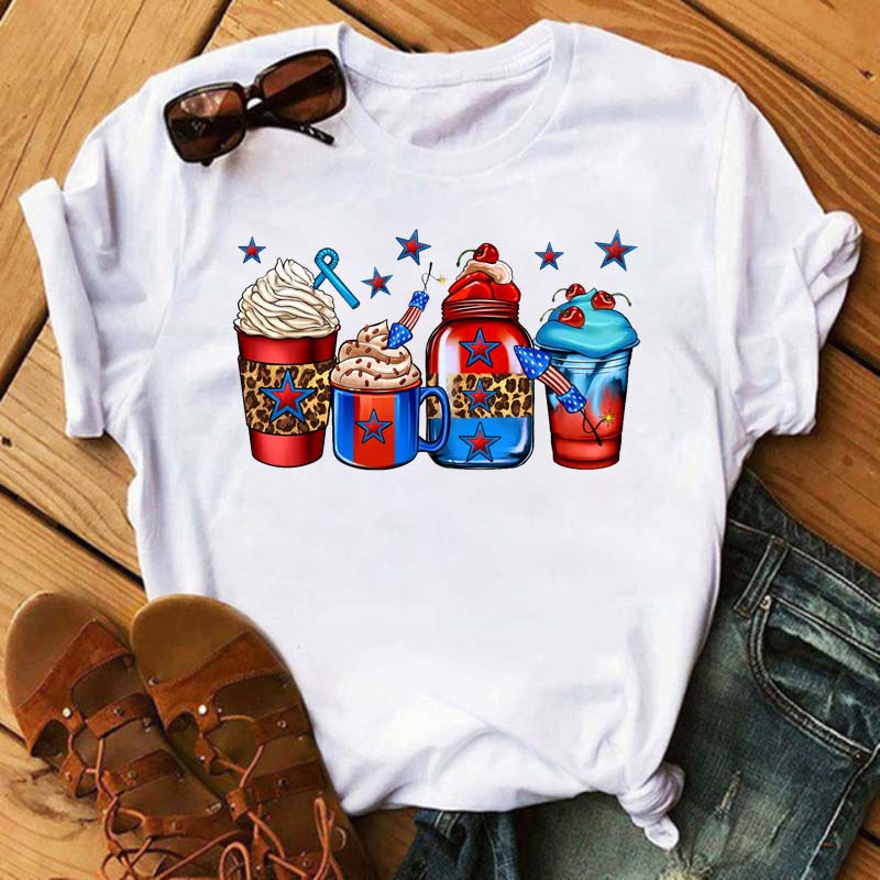 Maycaur Fashion Watermelon Coffee Printed Women T-shirts 90s Trend Cute Short Sleeve Women Female Graphic Tee Streetwear Clothes