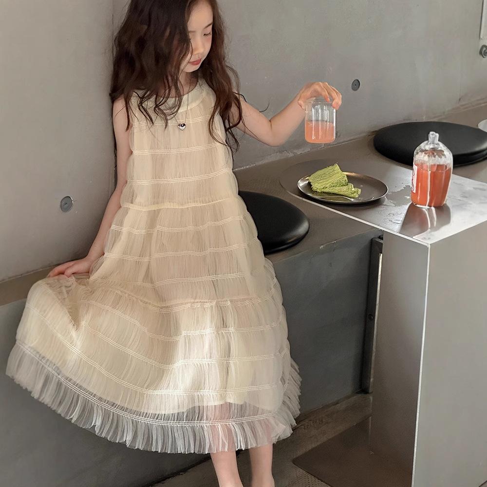 Girls Summer Sleeveless Tank Dress; Elegant Solid-Color Tulle Princess Dress for Older Girls 120