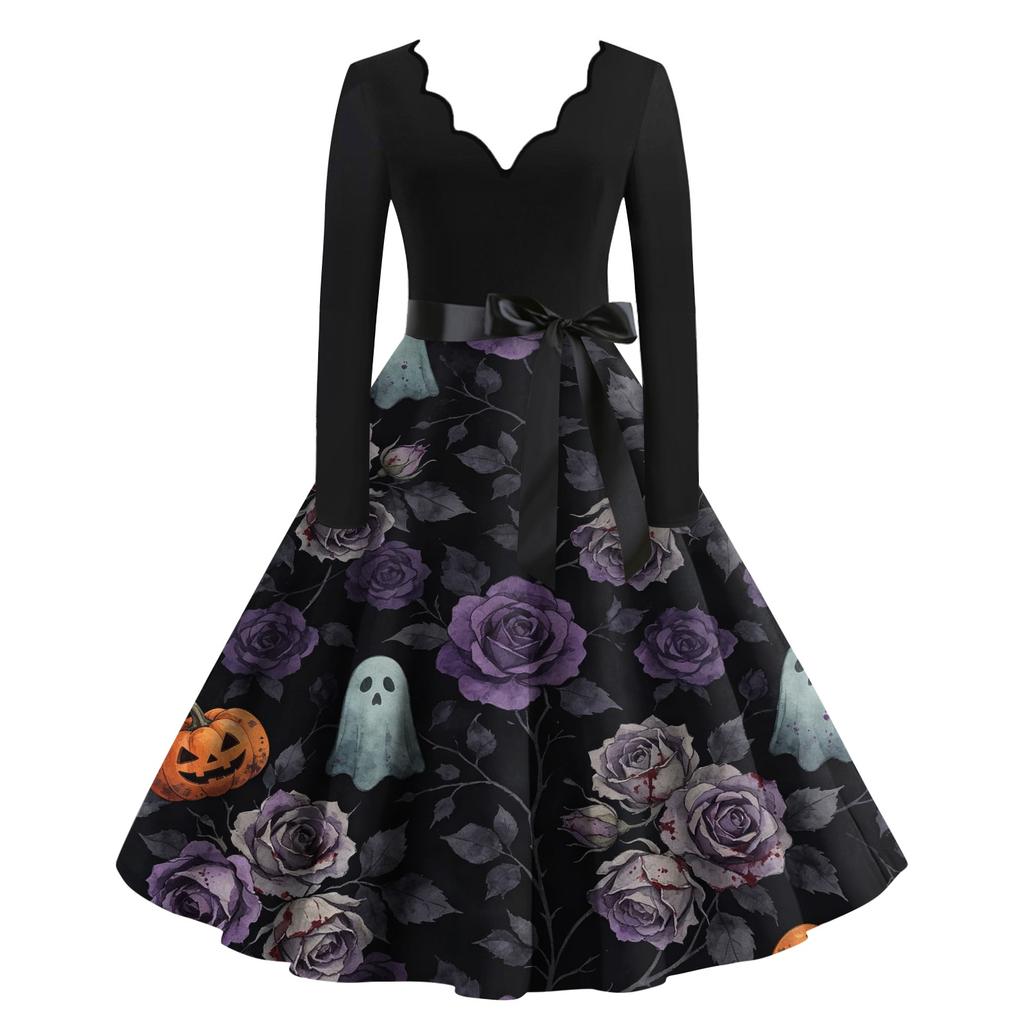 Women's Printed Maxi Dress for Halloween Theme Party, Costume Events and Night Out