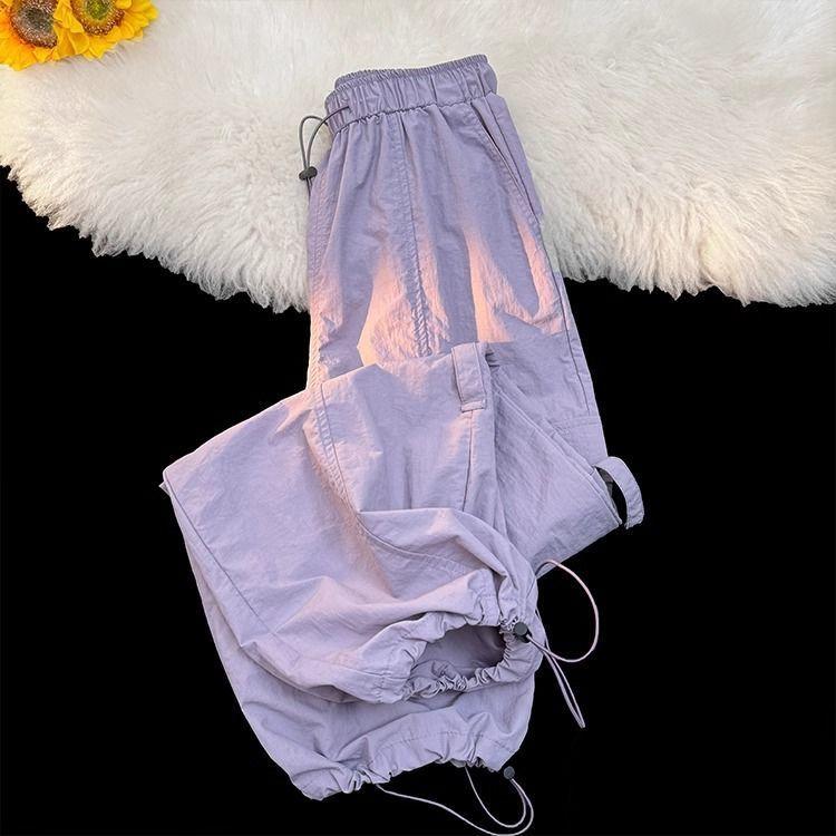 Summer Thin High  Waist Drawstring Cuffed Quick  Drying American  Style Work Pants for Women  Casual Wide  Leg Sports Trousers