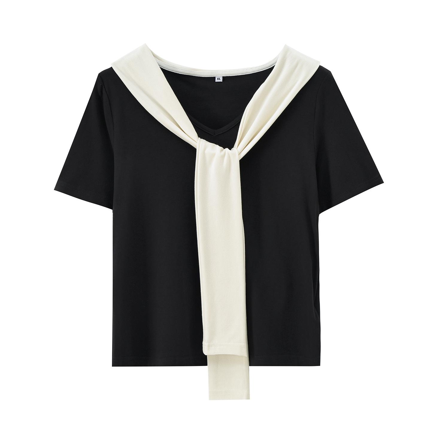 

Plus Size Women s Faux Two-Piece Short-Sleeve T-Shirt, 2026 Korean Summer Style, Simple Versatile Design 4XL (191-220 lbs) чорний