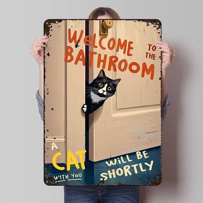 Willkommen Badezimmer Katze Kunst Blechposter Benutzerdefinierte Wandkunst Vintage Metallschilder Retro Blechplakette für Barzubehör Schreibtischdekoration