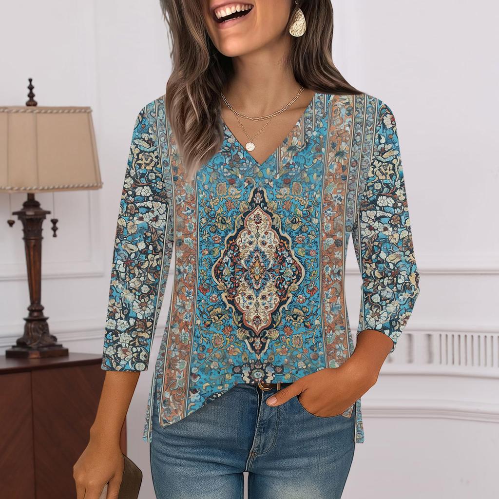 3/4 Sleeve Shirts For Women  Print Graphic Tees Blouses Casual Plus Size Basic Tops Pullover