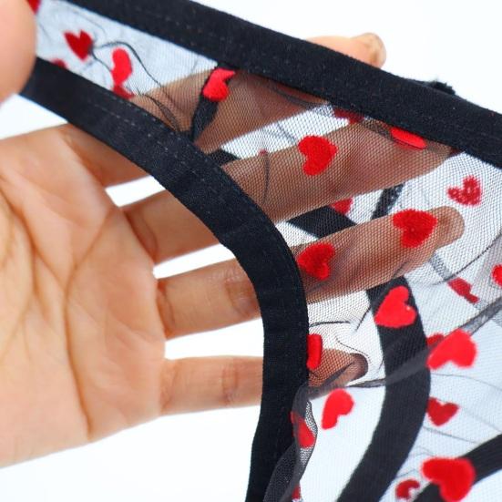 Men Thong Low Waist Perspective Design Breathable Panties Heart Pattern Briefs Mesh Romantic Valentine Day Briefs