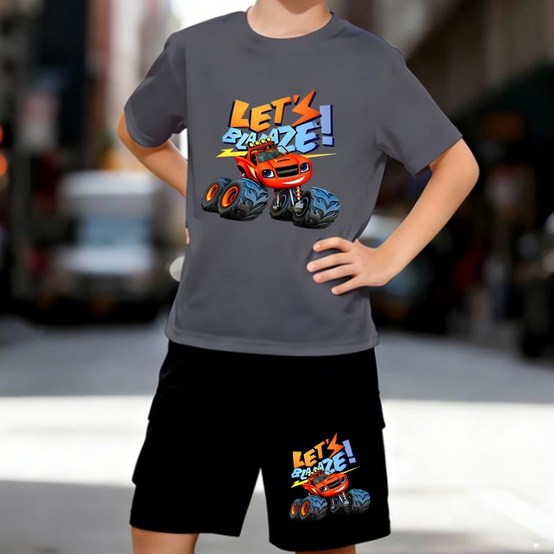 Boys 2 Piece Cartoon car printed Outfit, Short Sleeve T-Shirt and Shorts Set for Kids Age 5-14,White Sporty Casual Summer Clothes