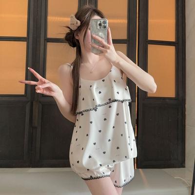 New Sexy Pajamas Women's Ice Silk Summer Girl Pure Desire Printing Suspender Nightdress Loungewear Can Be Worn Outside