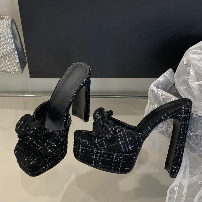 

Fashion Liyke Fashion Pink Cloth Bowknot Designer Sandal Square Toe Super High Heels Platform Slippers Women Summer Party Banquet Shoes 35 чёрный