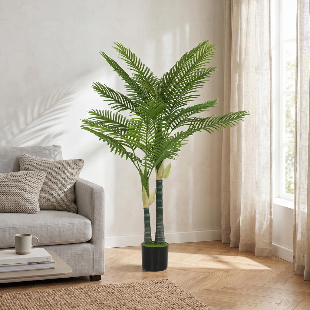 Artificial Palm Tree with 16 PEVA Leaves, 150cm Decorative Artificial Plant with Pot and Moss Effect, Green