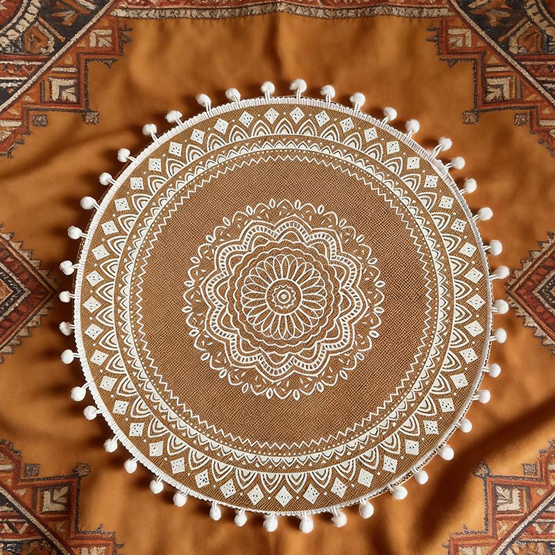 Boho Mandala Round Placemats Heat-Resistant Linen-Cotton Table Mats Washable Non-Slip Dining Decor