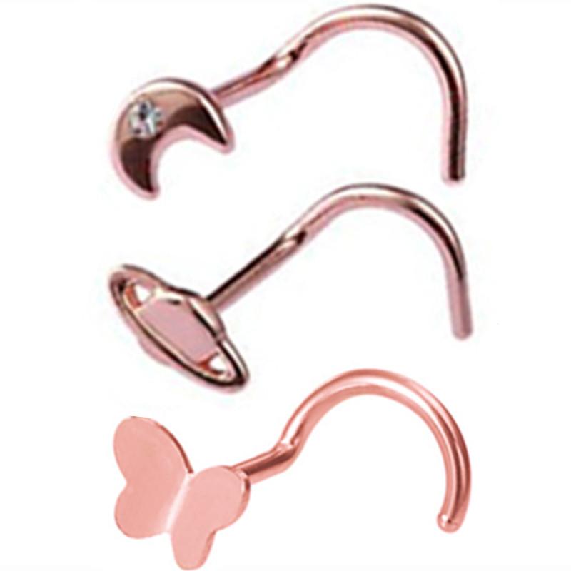 3PCS Pink Crystal Bend Nose Piercing Stud Set Spider Nose Ring Bulk Twist Butterfly Nose Rings And Studs Pack Piercing Nariz Lot