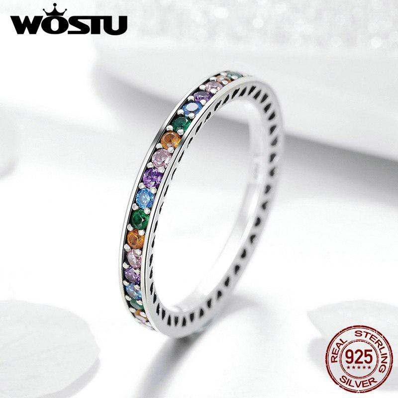 Buy WOSTU Genuine 925 Sterling Silver Rainbow Colorful CZ Stone Finger ...