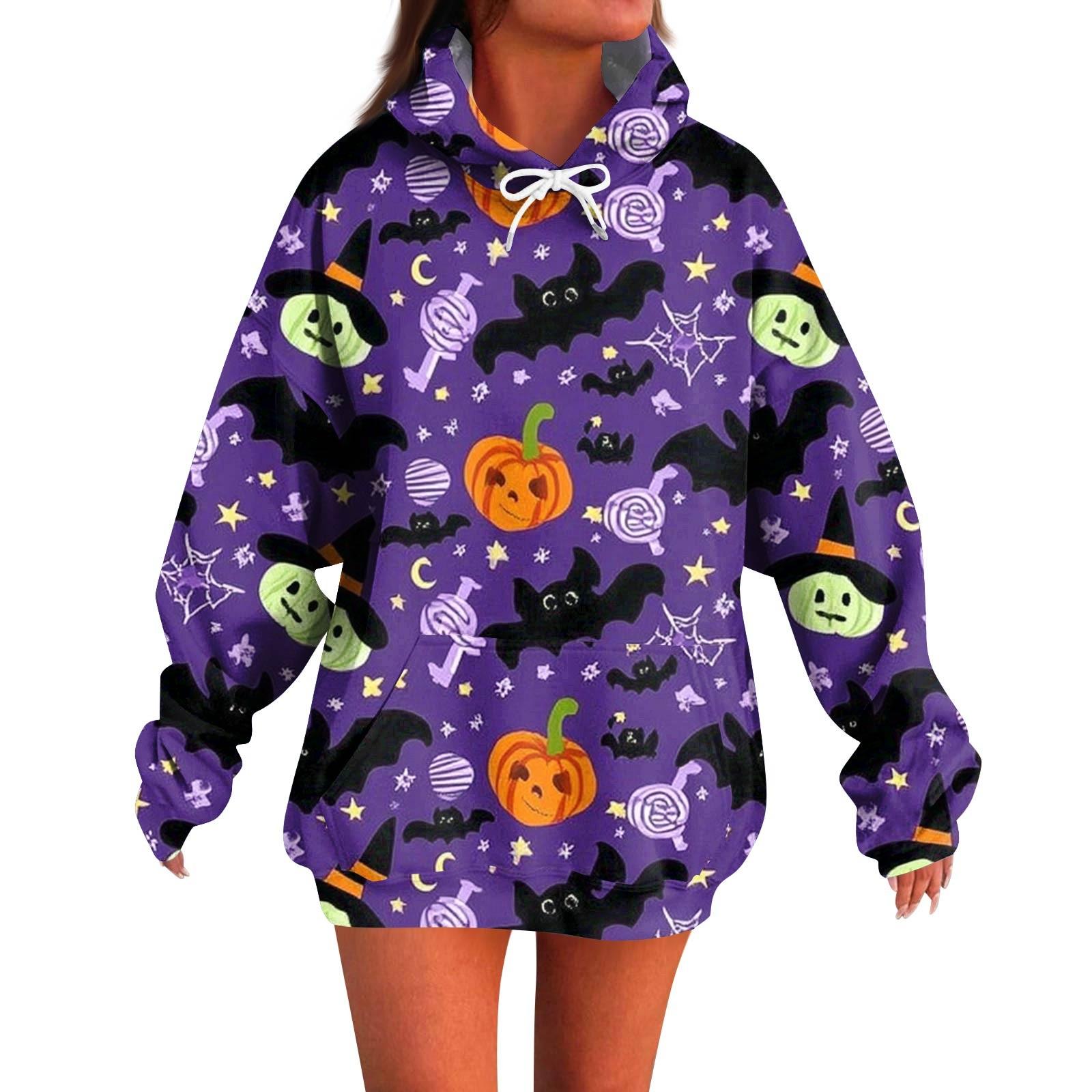 

Женское модное повседневное худи с длинным рукавом и принтом на Хэллоуин XXL фиолетовый