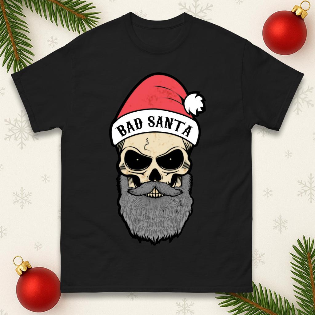 Bad Santa Skull Funny Christmas Tshirt Dark Beard Santa Xmas Family Gift Top