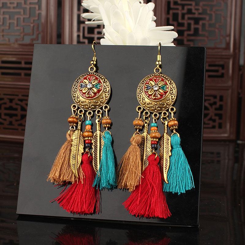Bohemian Leaf Tassel Earrings for Women Vintage Round Wood Bead Antique Gold Color Alloy Earrings Vacation Party Wedding Jewelry