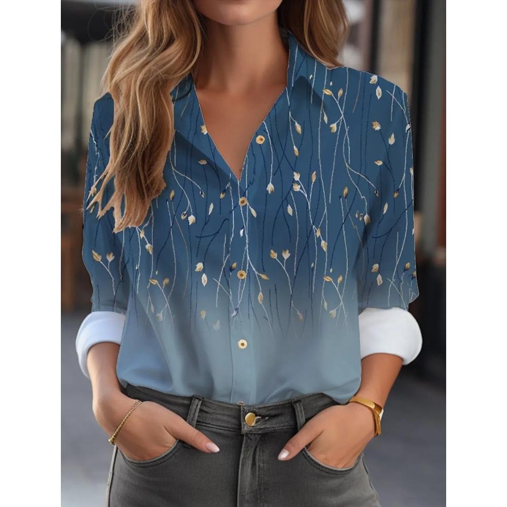 Summer Women's Shirt Flower Graphics Blouse Lapel Neck Blouse Women's Long Sleeve