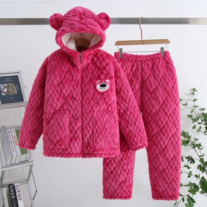 Thickened pajamas women's winter three-layer coral fleece padded cotton can be worn outside, plus sweet loungewear set