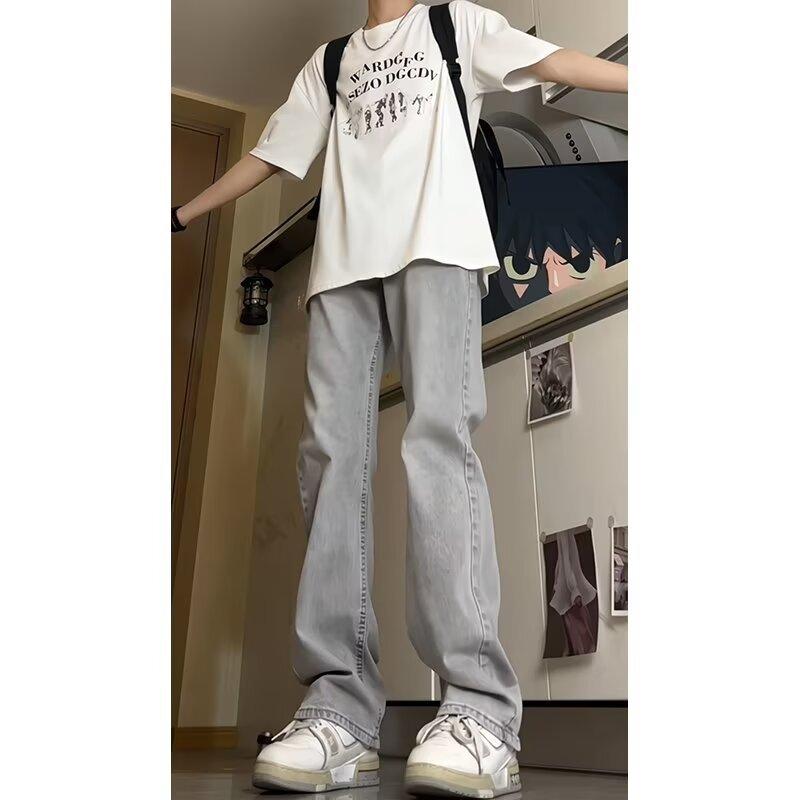 Smoke gray jeans men's American high street vibe pants high waist and thin casual versatile pants without sticking legs
