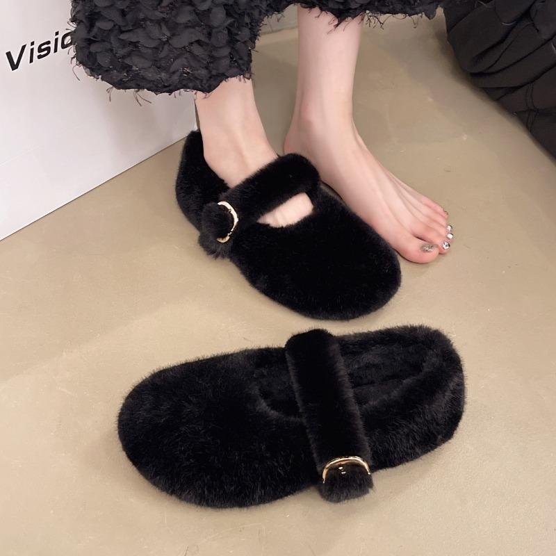 Sweet fluffy shoes for women outside, winter new velvet beanie shoes, shallow mouth trendy, flat bottom warm cotton shoes for women