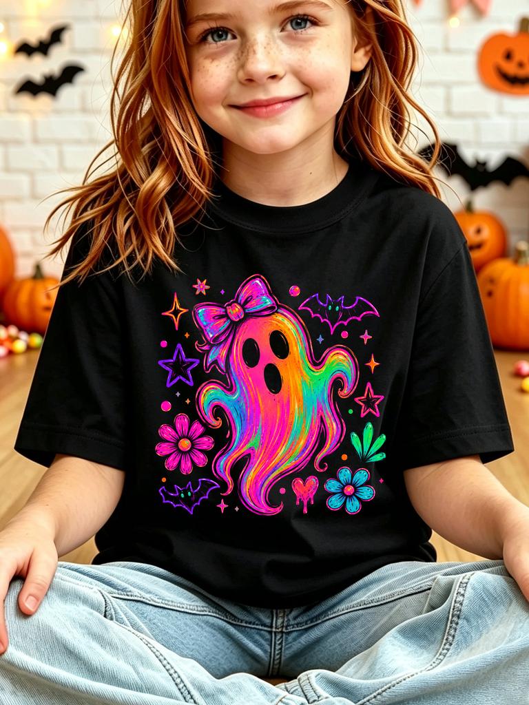 Kids Rainbow Ghost Bow Bat Flower Star Graphic Tee Boys Girls Family Matching Short Sleeve Halloween Party Casual Daily T Shirt