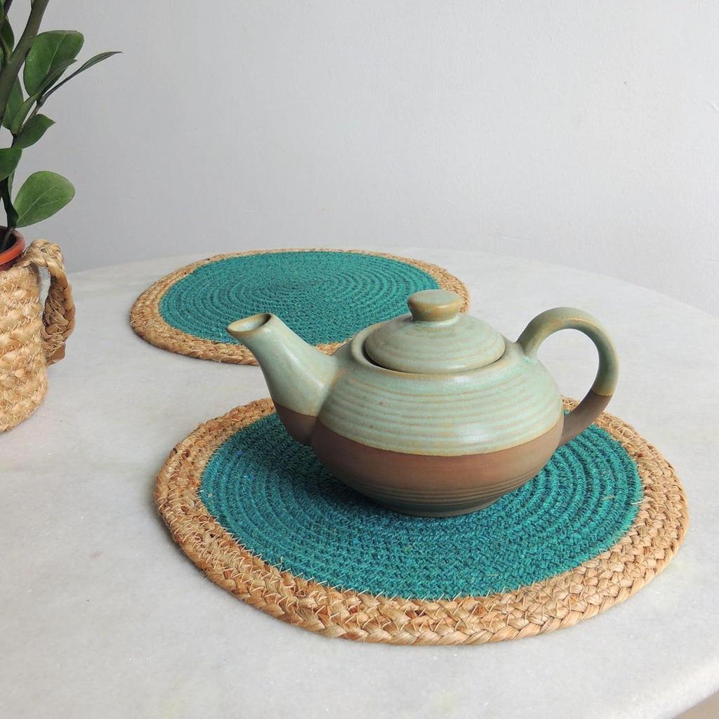 Jute Braided Placemats | Side Table Mats | Best for Bed-Side Table, Center Table, Dining Table, Shelves Farm Mats (Teal, 30 Cm Round)
