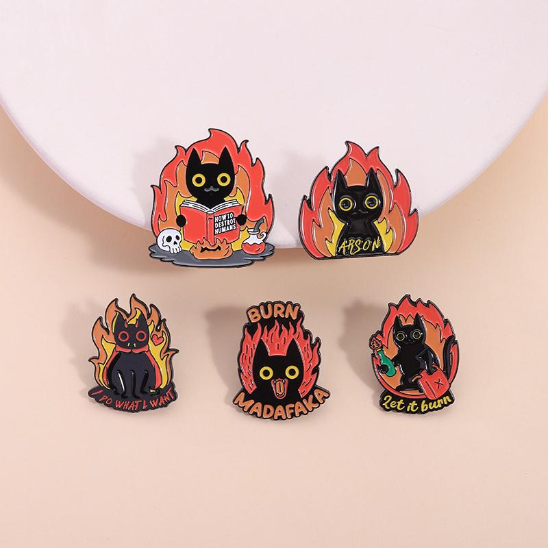 2-8pcs/set Cute Cat Enamel Pins Cartoon Big Eyes Black Kitties with Knife Animal Brooches Lapel Badge Jewelry Gifts For Friends