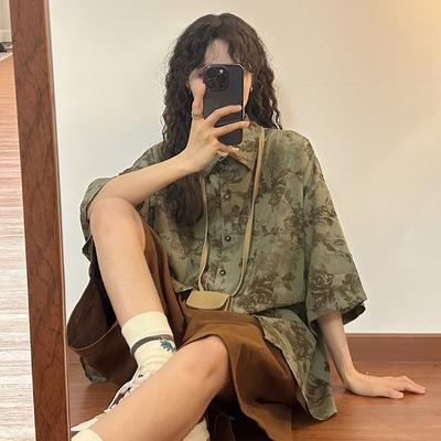 Green Floral Short Sleeved Women's Shirt Lapel Woman's Summer Casual Shirts American Retro Female's Loose Cardigan Tops