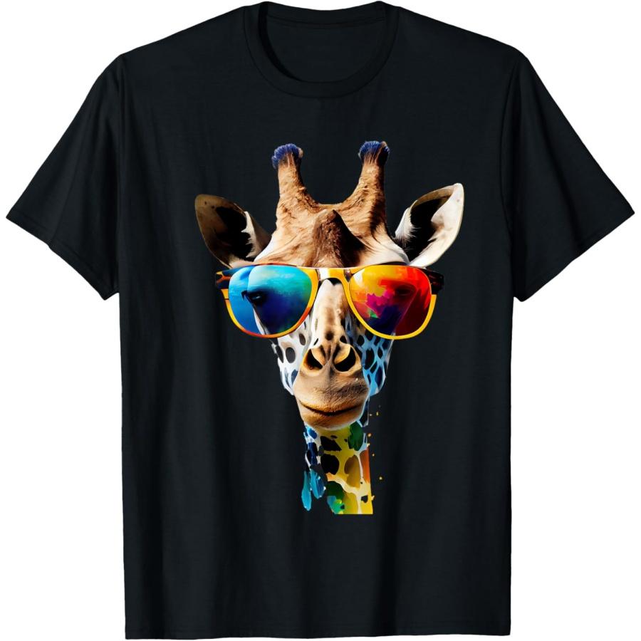 Giraffe Safari Sunglasses Gifts & Designs Unisex-Adults Kids T-Shirt Black Giraffe Print Crew Neck Short Sleeve Classic Fit Pull On T-Shirt