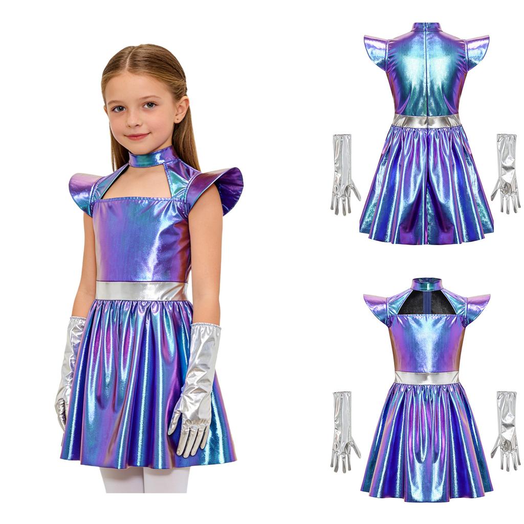Kinderen Meisjes Buitenaards Cosplay Kostuum Uitgesneden Vliegende Mouw Metallic A-lijn Jurk met Handschoenen voor Halloween Robot Buitenruimte Feest