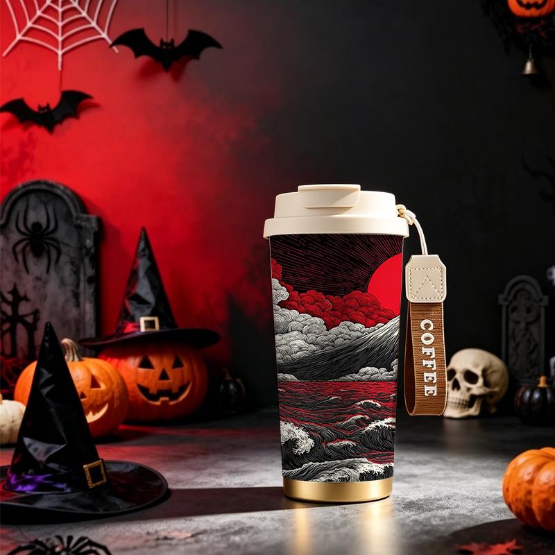 Tazza da caffè da 532 ml a tema Halloween thermos a scatto con cordino bicchiere da caffè con coperchio a scatto tazza da viaggio con cordino intrecciato tazza con coperchio a scatto a prova di perdite tazza portatile da auto