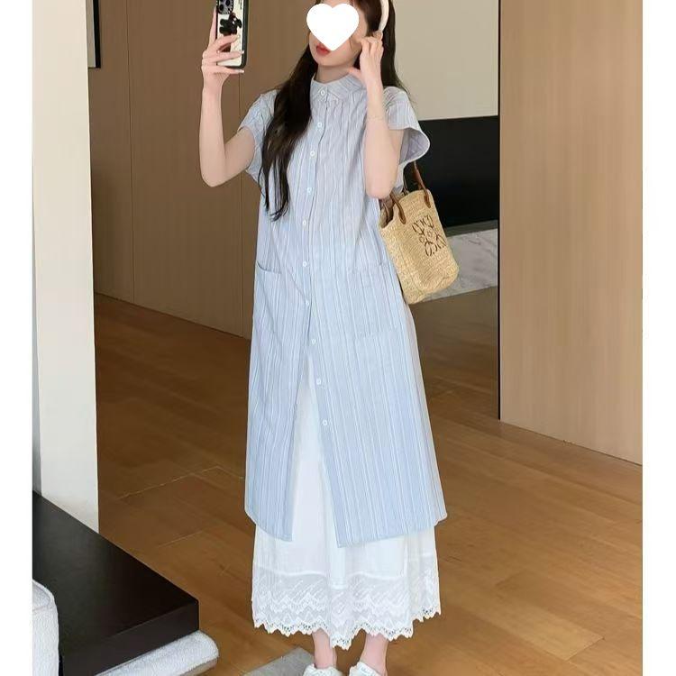 Japanese Summer Striped Shirt Dress & Lace Skirt Two-Piece Set