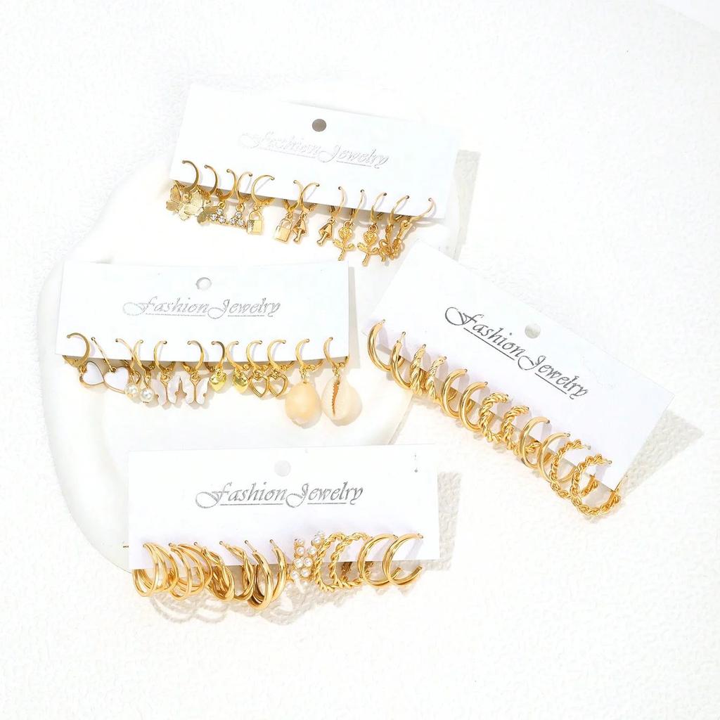 24pairs/set Fashionable Faux Pearl Decor Twist Design Hoop Earrings For Women For Daily Life Heart & Butterfly Drop Earrings
