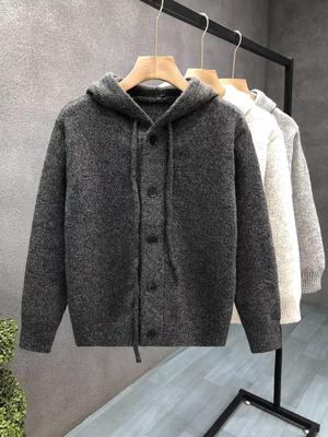 Men's Trendy Hong Kong Style Knitted Cardigan: Spring Solid Color Hooded Sweater
