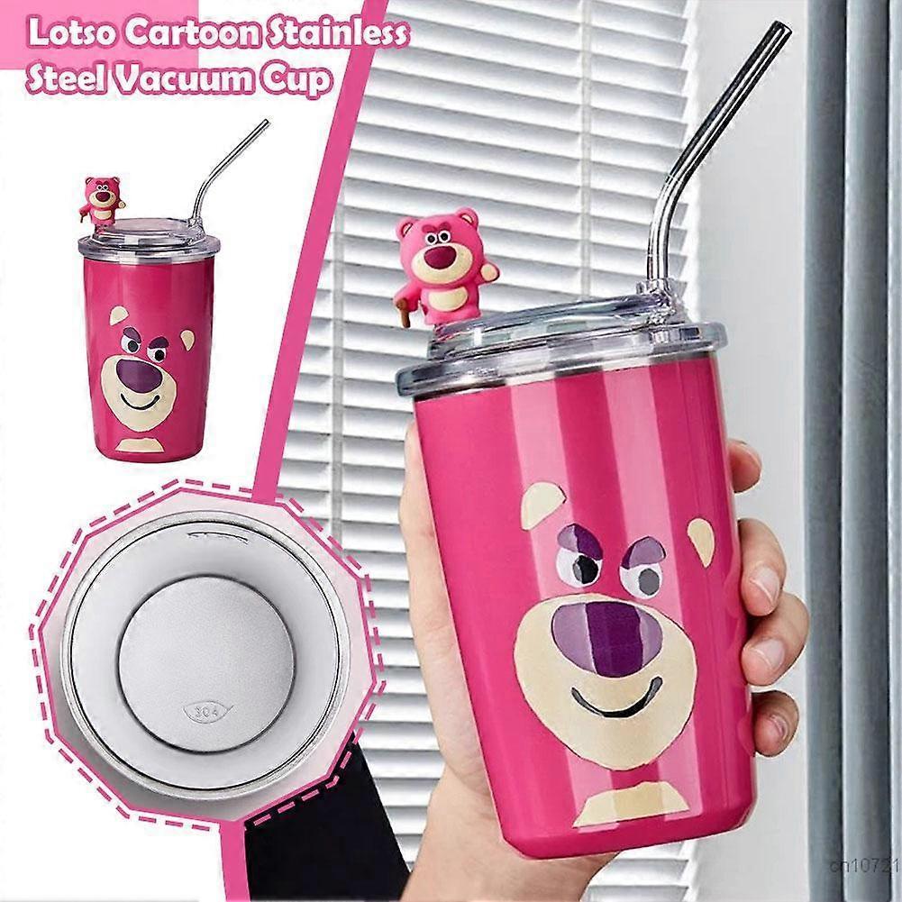 480Ml Stainless Steel Strawberry Bear Insulated Mug, Office Hand-Held Coffee Cup, Straw, Girlfriend Gift