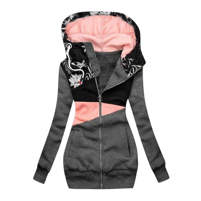 Mittellange, bedruckte Colorblock-Oberteiljacke für Damen, schmale Kapuzenjacke mit langen Ärmeln XXS black