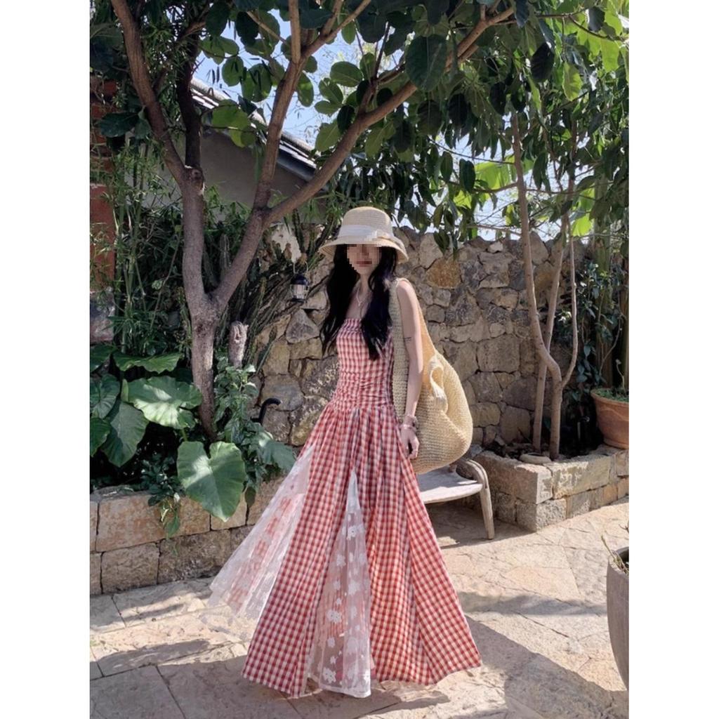 Women's Retro Plaid Lace Bandeau Dress - 2026 Spring/Summer Waist-Cinched Skirt