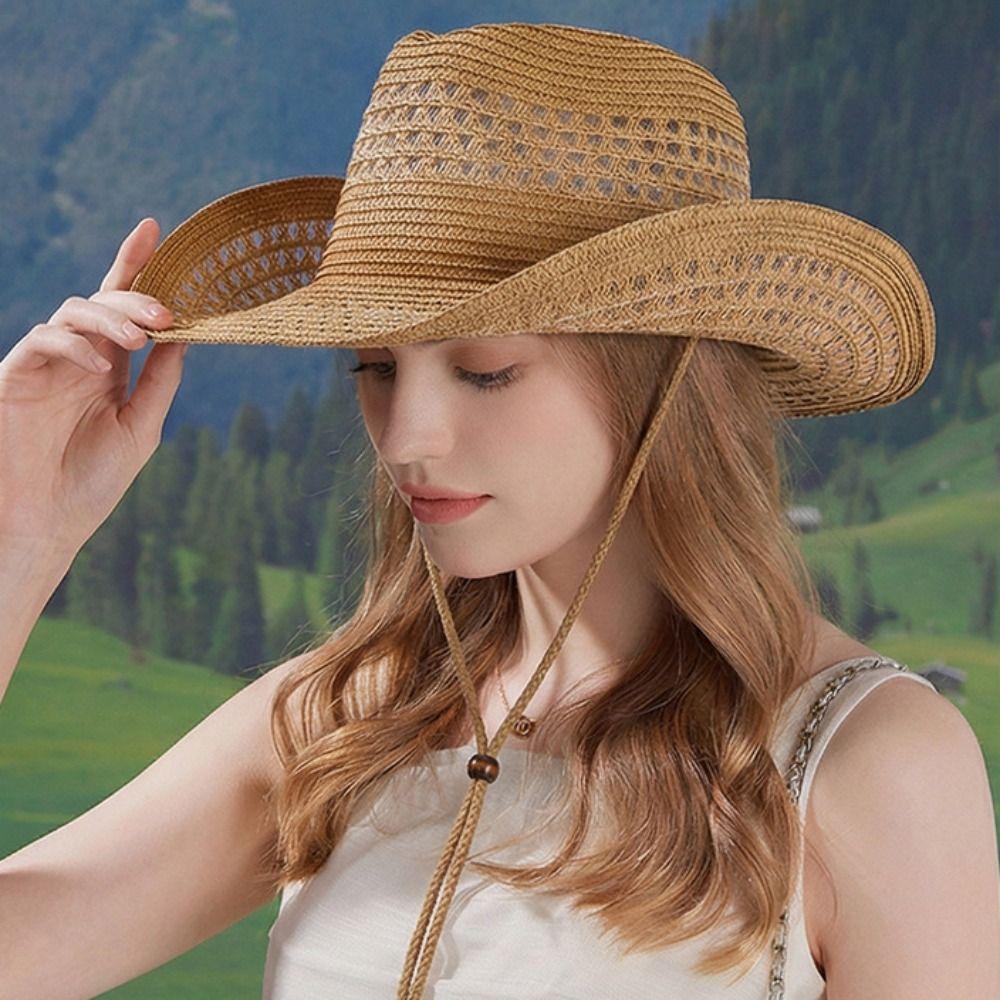 Summer Western Cowboy Hat Wide Brim Cowgirl Visor Cap Vintage Grass Hat  Bucket Hat