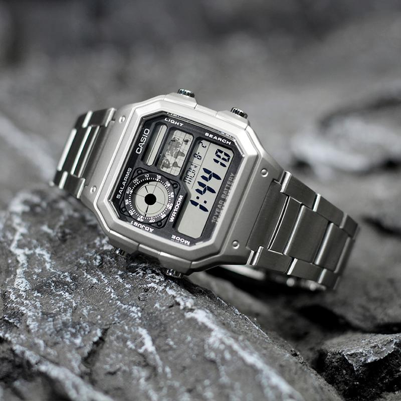 Casio Custom Collection AE 1200WHD 1A Electronic Movement Metal Strap Watch Unisex Black Dial AE-1200WHD-1A(Watch4--)