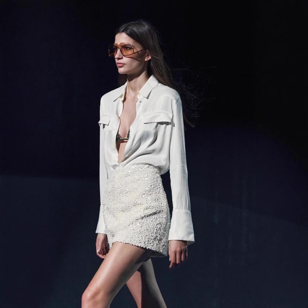 Satin Texture Long Sleeve Shirt with Pocket Decoration - 2024 European & American Fashion for Women