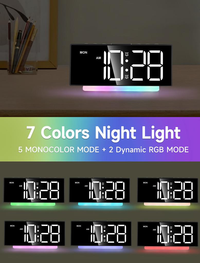 RGB Digital Clock HD LED Digital Screen Reliable Memory 7 Color Night Light Adjustable Volume Small Bedside Clocks for Bedroom