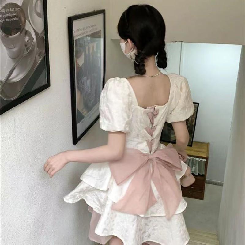 Womens Gradient Color Bow Detail Puff Sleeve Sweet Princess Dress Short High Waist A-Line Mini Teen Girls Students